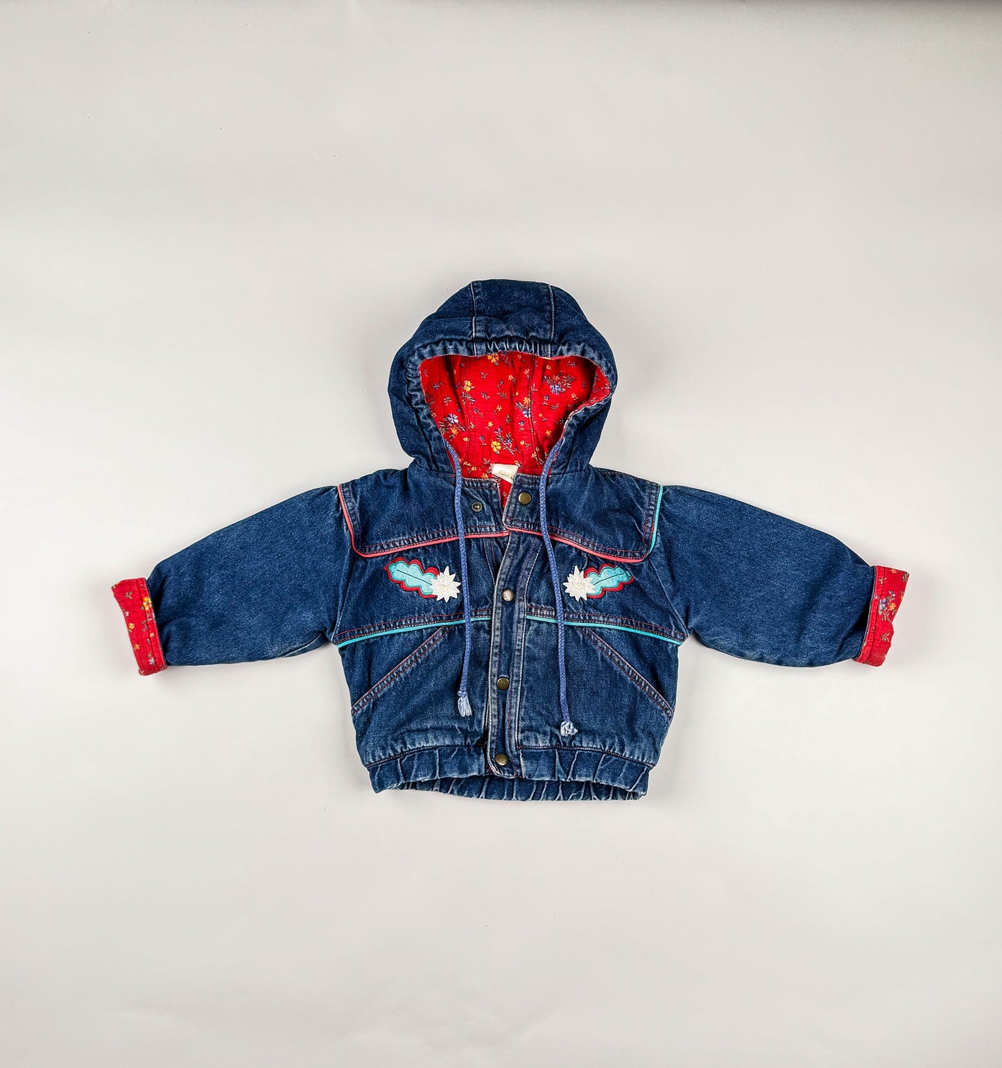 Padded Denim Jacket in blue, red and multi