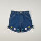 Denimshort in blue, yellow and pink