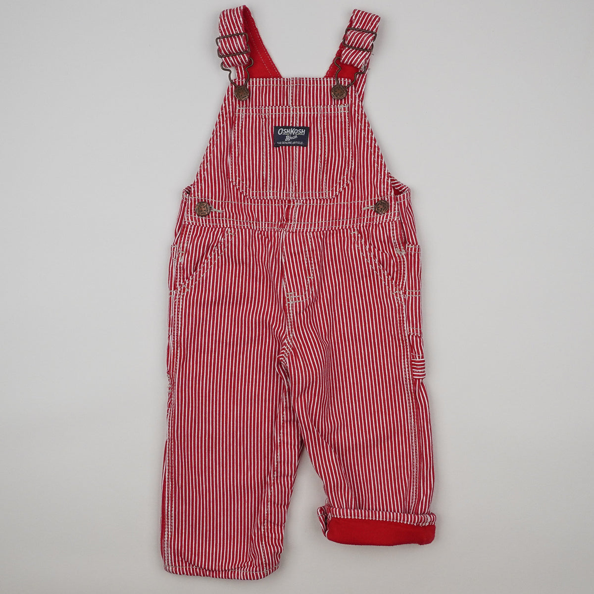 Lined Red OshKosh Hickory Stripe Overalls
