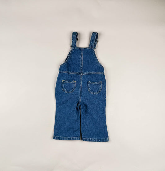 Overalls in blue, pink and green