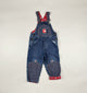 Overalls in blue, red and white