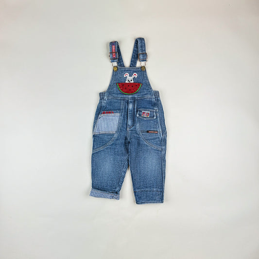 Overalls in blue and red