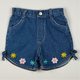 Denimshort in blue, yellow and pink